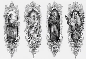 men’s arm sleeve, the name Peters, rosary, prayers tattoo idea