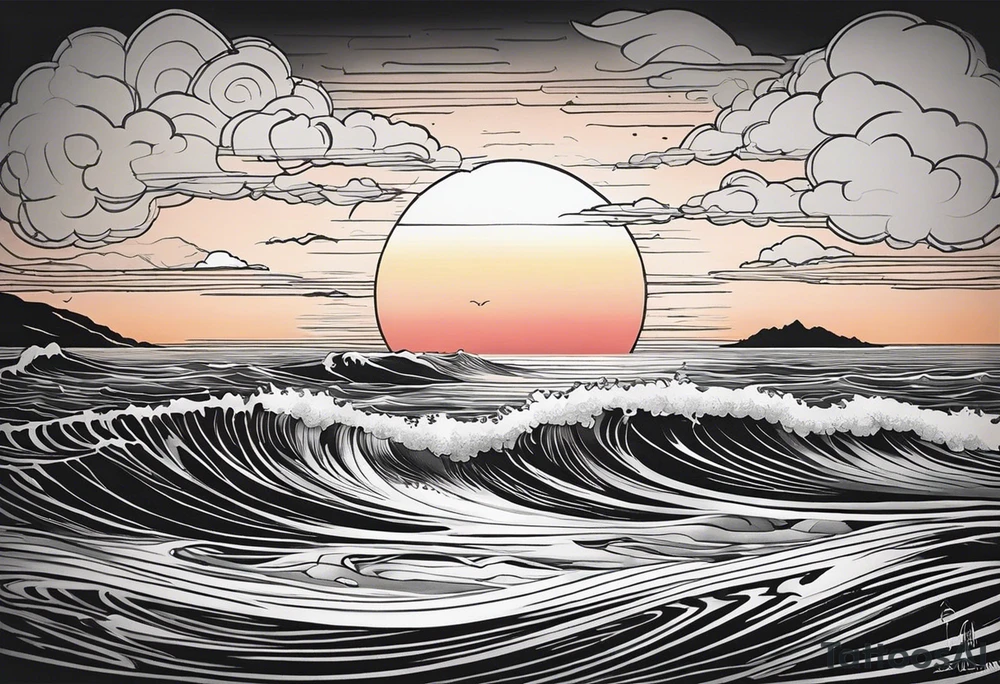 You're adding way too much. Please tone it back. Shy far away from japanese style. Fine line, minimal sunset. Only Ocean and sunset in the image. Very calm waters with barely any waves. tattoo idea