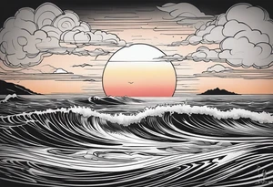You're adding way too much. Please tone it back. Shy far away from japanese style. Fine line, minimal sunset. Only Ocean and sunset in the image. Very calm waters with barely any waves. tattoo idea