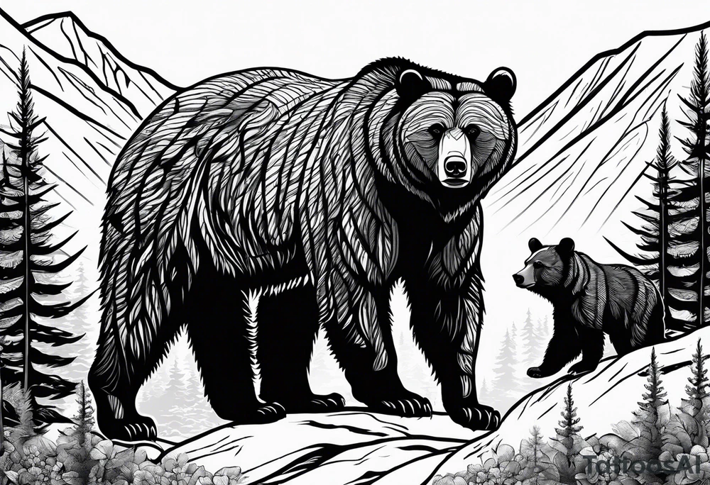 mamma bear and cub with mountains tattoo idea