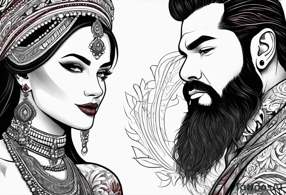 Busty red haired woman with a bearded man who has black hair getting married tattoo idea