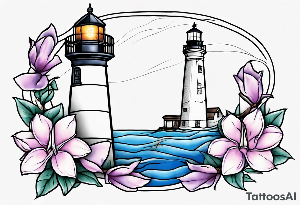 tattoo of a light house bordered by magnolia flowers and rope. In the background there is a periwinkle blue cancer awareness ribbon being lit up by the lighthouse tattoo idea