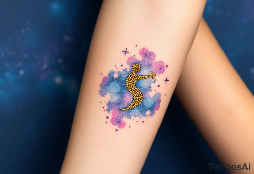 A night sky with Sagittarius made of glowing golden dots, surrounded by a soft watercolor galaxy in deep blues and purples tattoo idea