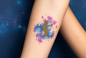 A night sky with Sagittarius made of glowing golden dots, surrounded by a soft watercolor galaxy in deep blues and purples tattoo idea