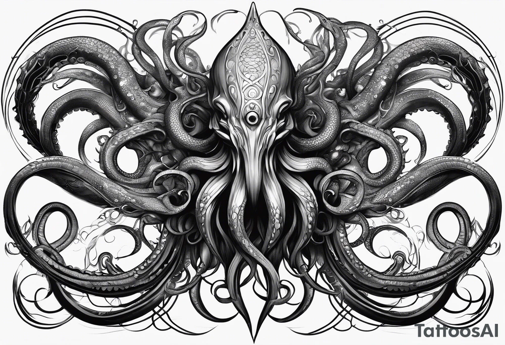 Lovecraftian creature, flowing into more futuristic technology elements. Long tentacles. tattoo idea
