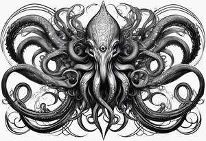 Lovecraftian creature, flowing into more futuristic technology elements. Long tentacles. tattoo idea