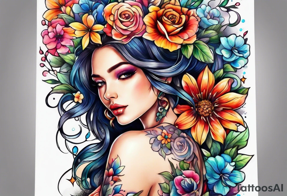 The number seven surrounded by colorful flowers tattoo idea