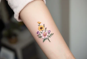 Small Stargazer lillies pale pink with no outline 
with small yellow sunflowers and pale purple tulip buds in a dainty wildflower bouquet with light green stems. Low detail. tattoo idea