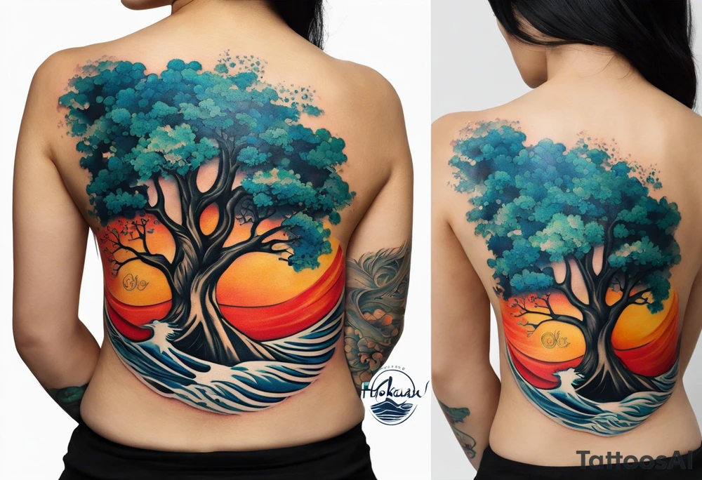 A tattoo of an abstract Tree of Life tattoo to be placed directly on the bicep of a woman. It can wrap around the arm a little. It should have roots growing out of the bottom. The roots slowly turn into water from the Great Wave by Hokusai. A golf flag should be placed discreetly growing out of the ground. 2 license plate tags should be hanging from the tree. Place a few music notes in the areas the leaves should be. The letters A U should be engraving into the tree trunk in a heart. Not inside a circle. The overall shape of the tattoo should be organic. Black and white only. tattoo idea