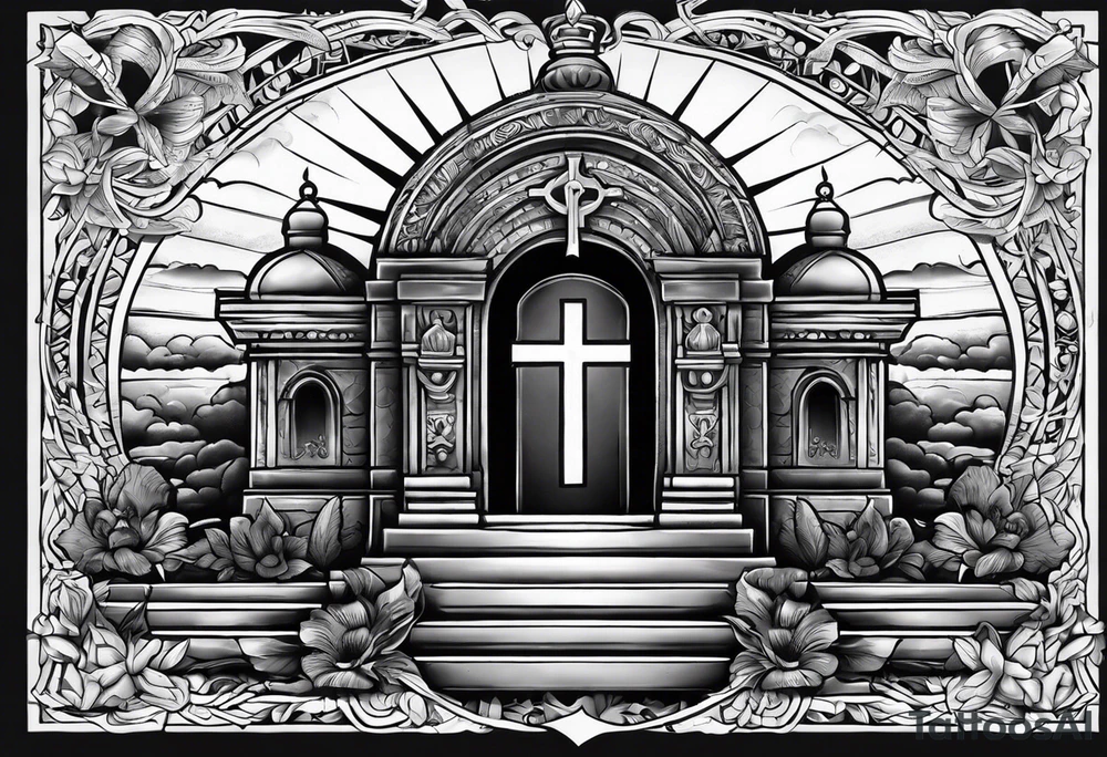 Tomb with cross and sun in the background tattoo idea