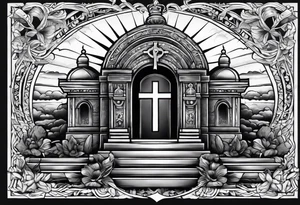 Tomb with cross and sun in the background tattoo idea