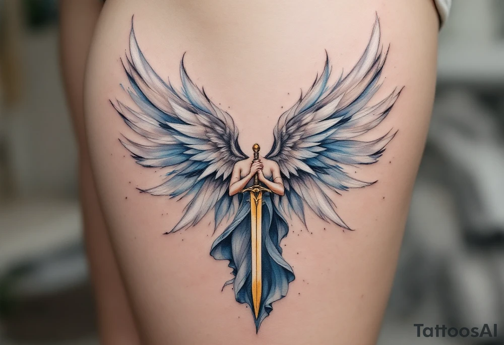 Angel with Wings Spread – A majestic angel with feathered wings in shades of white and soft blue, holding a golden sword. tattoo idea