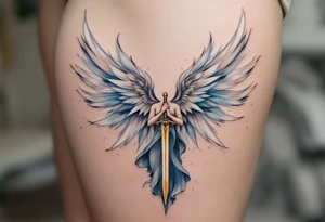 Angel with Wings Spread – A majestic angel with feathered wings in shades of white and soft blue, holding a golden sword. tattoo idea