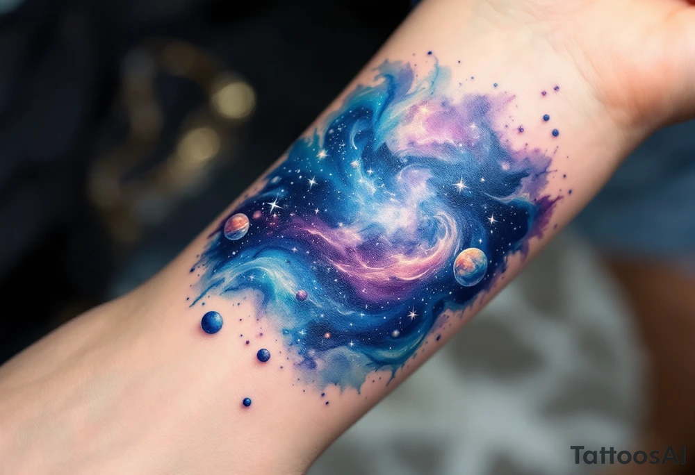 A galaxy scene with stars and planets swirling in deep blue and violet, evoking cosmic freedom. tattoo idea
