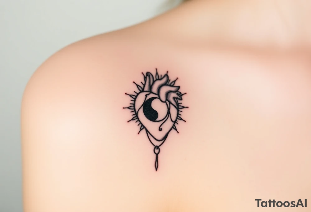 human heart chained up within circle sun with a moon inside, with an sublime type of vibe tattoo idea