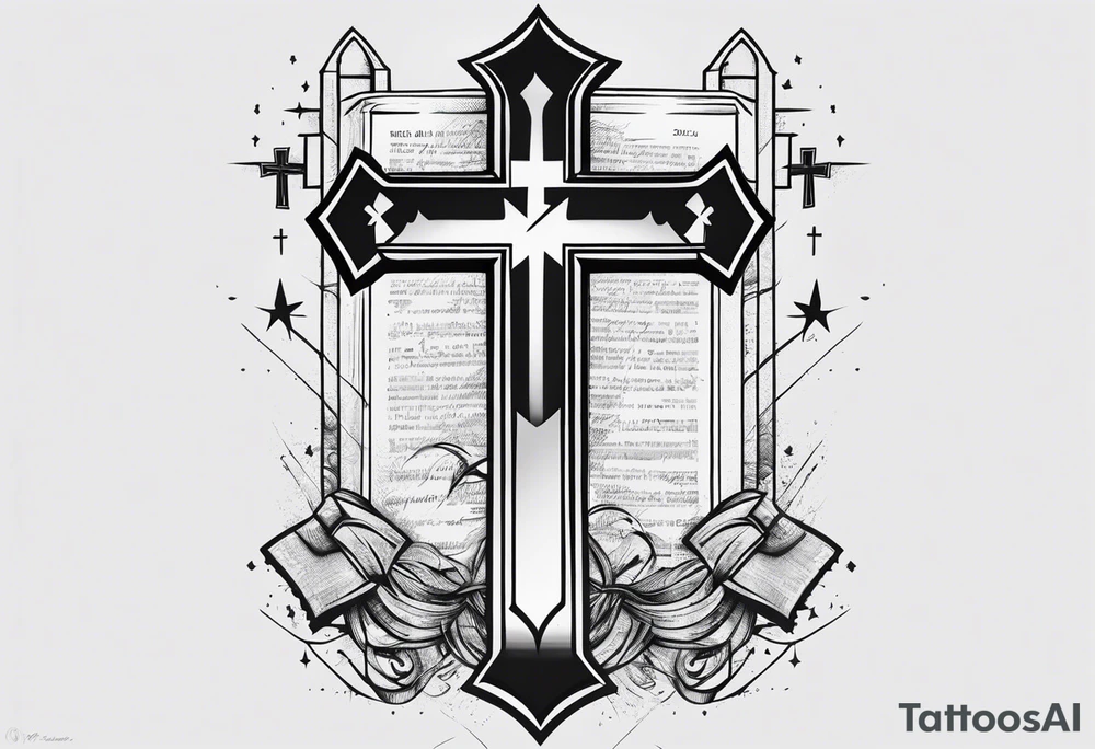 3 crosses with bible verse above it 
joker smile on the side 
Kaizen symbol on the other side
all this one forearm tattoo idea