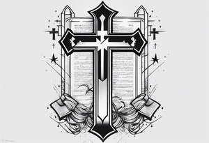 3 crosses with bible verse above it 
joker smile on the side 
Kaizen symbol on the other side
all this one forearm tattoo idea