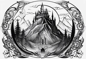Lord of the rings with Harry Potter incorporated but clear visual of both movies. Small and minimal. Something like the deathly hallows symbol made out of swords and wizard staff from LOTR tattoo idea