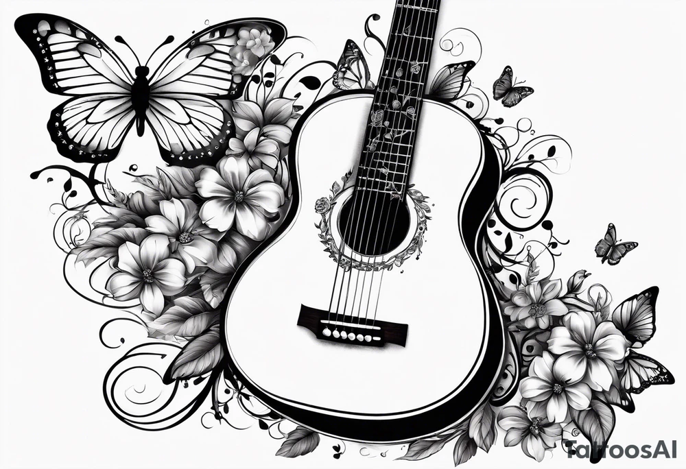 Guitar in shape of treble clef with flowers growing off the side, butterflies, small tattoo idea
