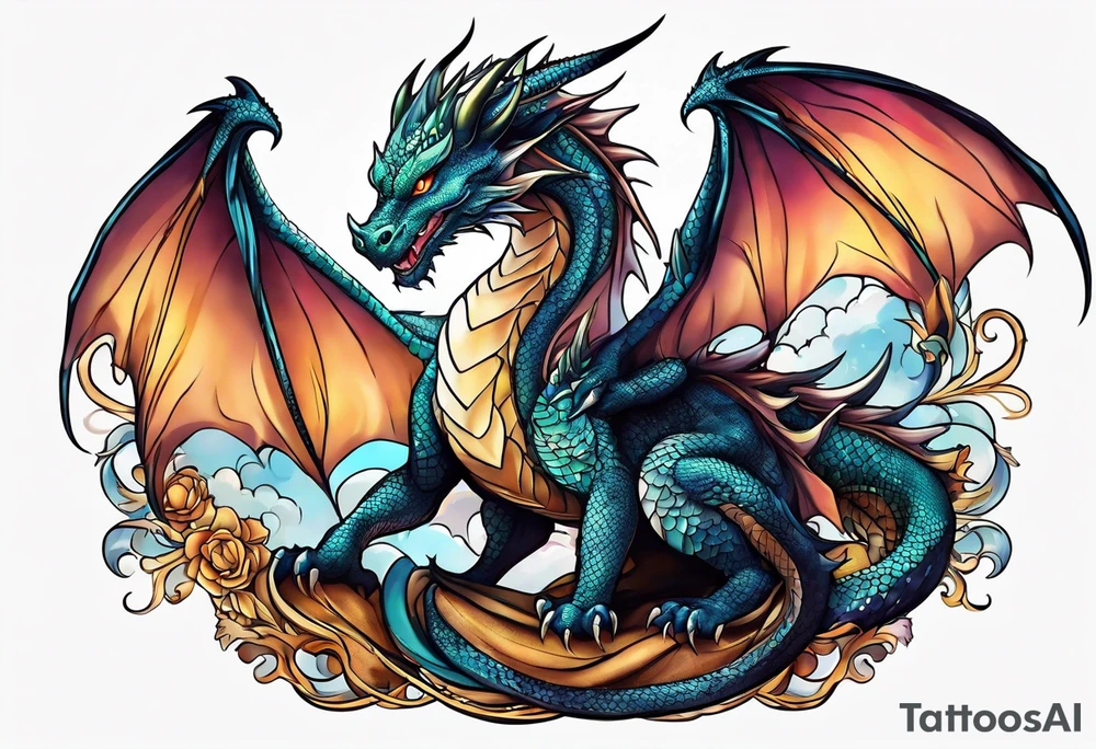 Dragon cute, celestial, cross tattoo idea