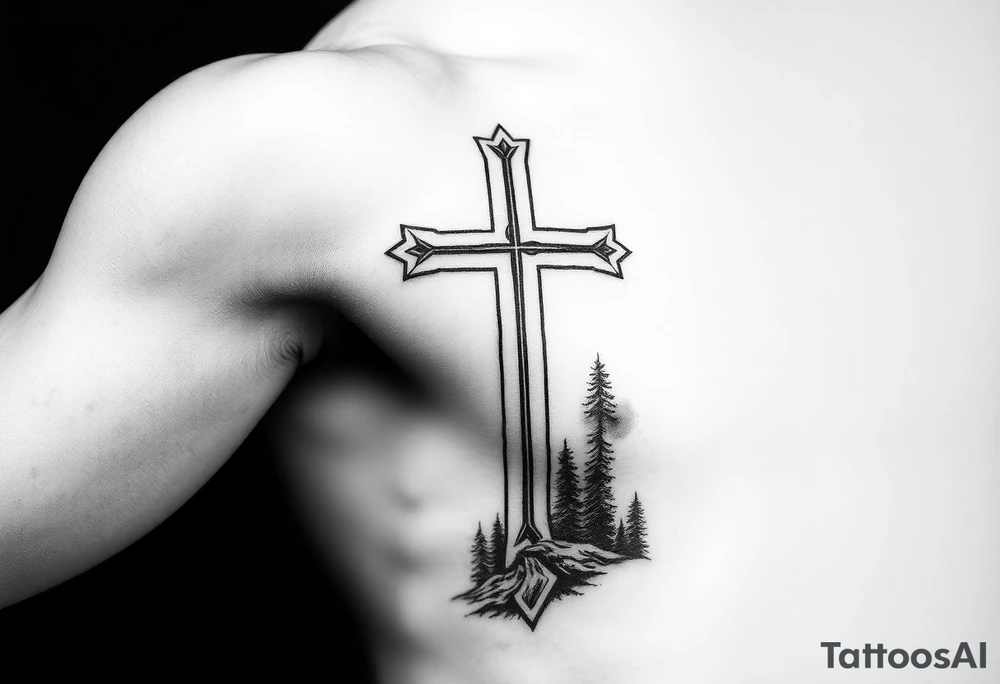russian christian orthodox cross which is relatively small, with the diagonal line at the bottom with a light forrest with a light mountainous setting tattoo idea