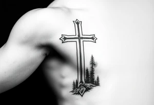 russian christian orthodox cross which is relatively small, with the diagonal line at the bottom with a light forrest with a light mountainous setting tattoo idea