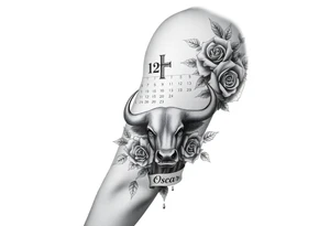 Calendar with the date 12th of April with a cross, roses,  Spanish bull and the name Oscar tattoo idea