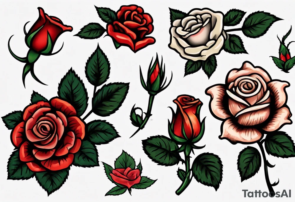 American Traditional rose with three american traditional flowers around it tattoo idea