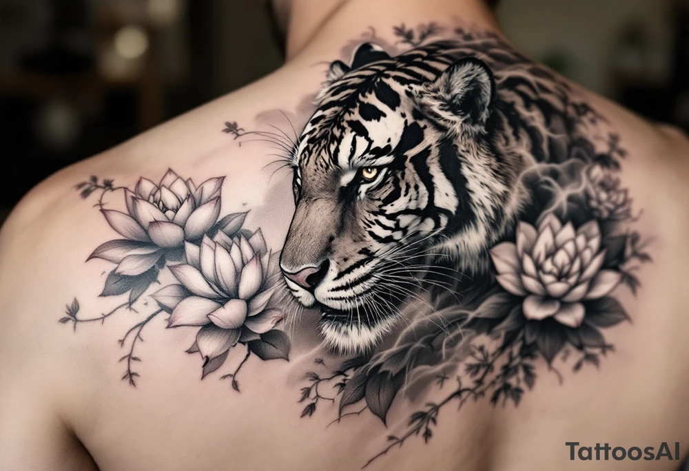 fierce tiger emerging through blooming lotus flowers in mist tattoo idea