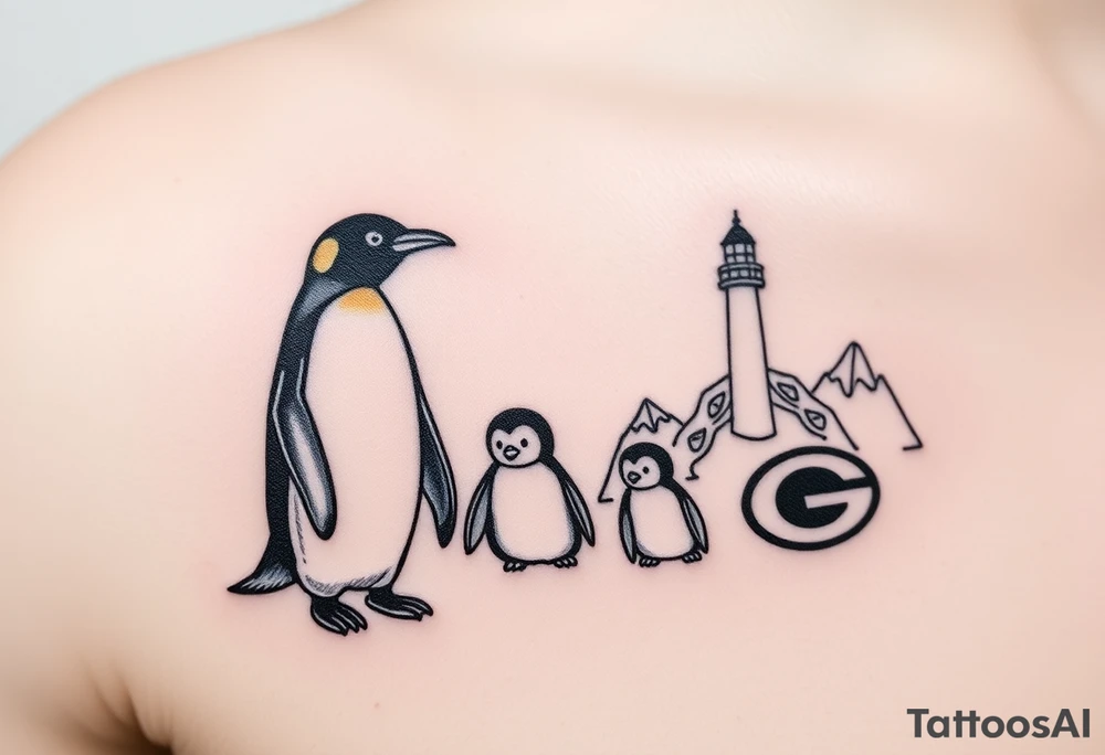 compilation outlining important things in my life such as one adult emperor penguin and 3 baby penguins, celtic trinity knot, lighthouse, mountains/nature, the green bay packers, and something to represent my 3 boys tattoo idea
