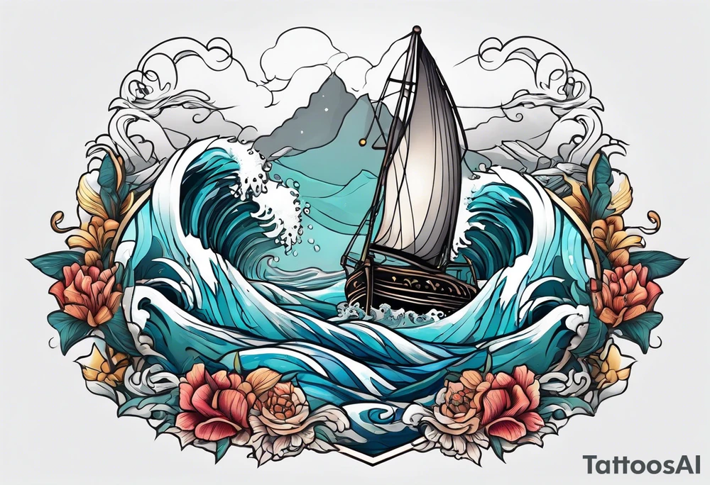 Trident with waves crashing and Atlantis in the background tattoo idea