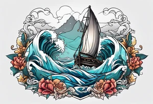 Trident with waves crashing and Atlantis in the background tattoo idea