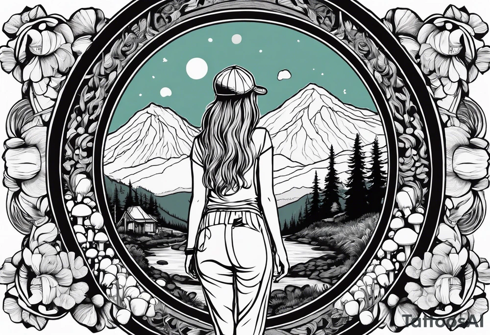 Whole picture encircled fully

Straight long blonde hair hippie girl in distance holding mushrooms in hand facing away toward mountains and creek surrounded by mushrooms tee shirt and hiking pants; whole rendering within a full circle, no cut off circle tattoo idea