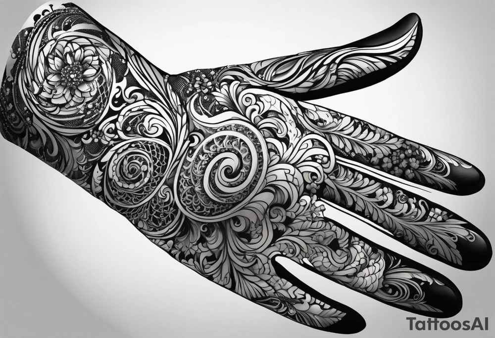 Elbow length lace glove with swirls and whirls of black tattoo idea