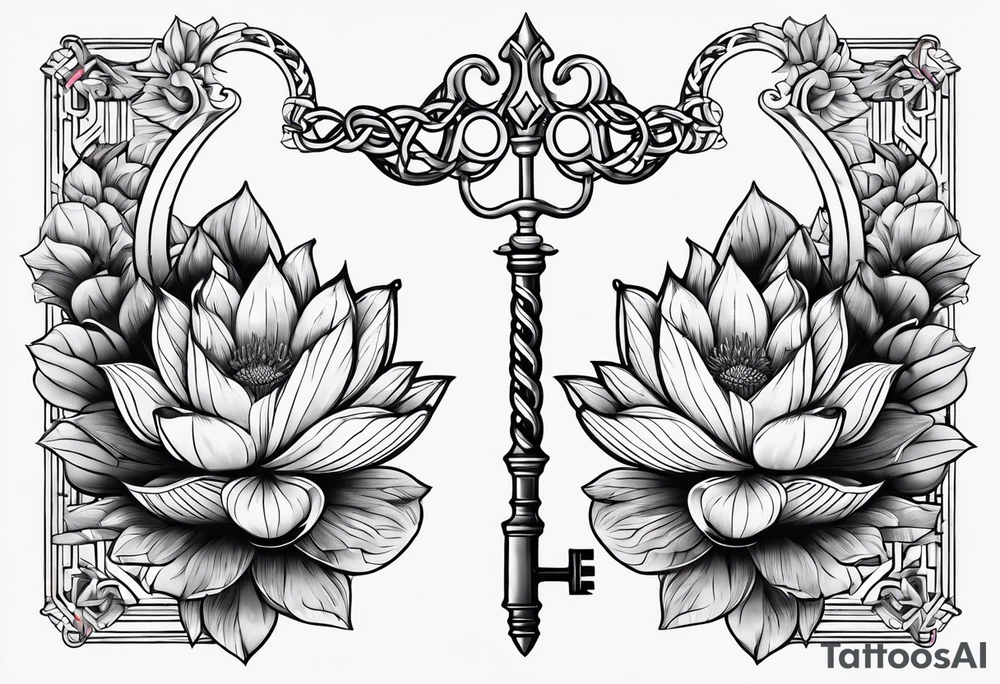 Treble key with lotus flower entangled in a scale of justice tattoo idea