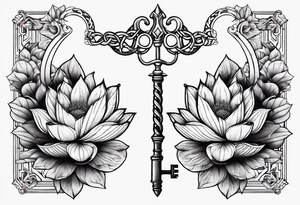 Treble key with lotus flower entangled in a scale of justice tattoo idea