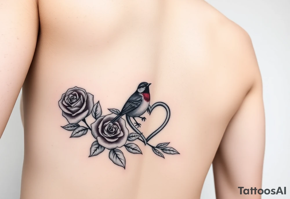 Feminine red rose and robin with a infinity heart on hip tattoo idea