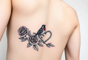 Feminine red rose and robin with a infinity heart on hip tattoo idea