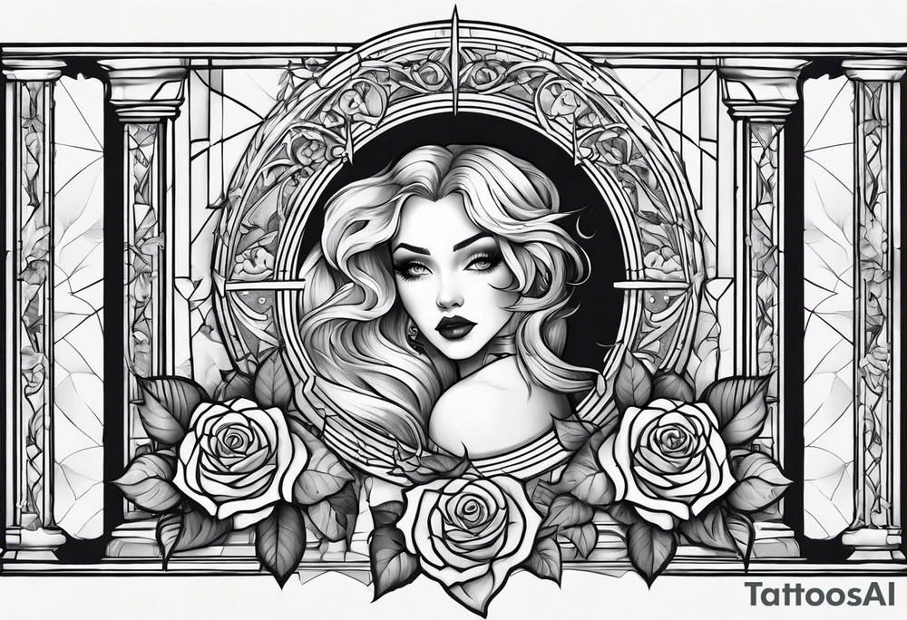 tattoo fool sleeve, old broken gothic home, broken sword, roses tattoo idea