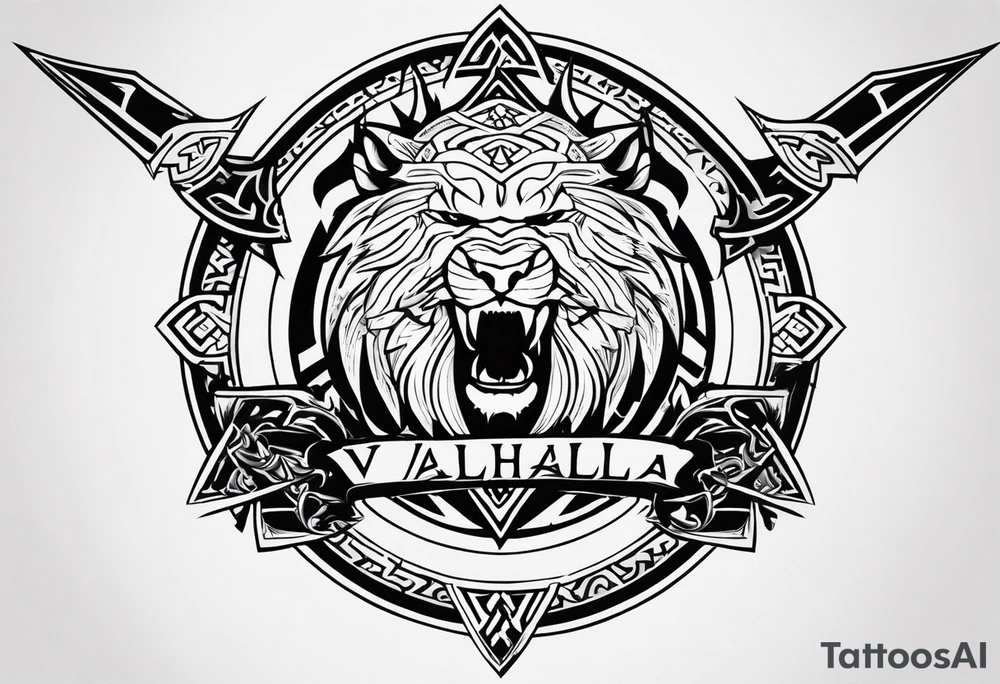Valhalla sword shield dragon axe Valknut tribal lion tattoo idea Valhalla sword shield dragon axe Valknut tribal lion tattoo idea