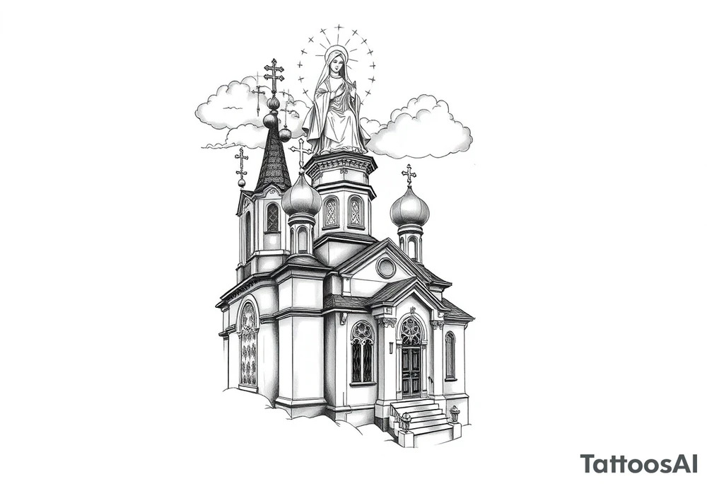 Russian Orthodox church with orthodox spire crosses, with clouds above it and a virgin mary over looking sat above tattoo idea
