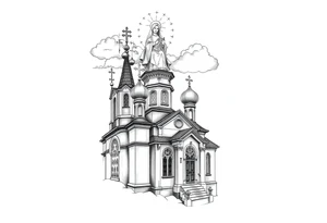 Russian Orthodox church with orthodox spire crosses, with clouds above it and a virgin mary over looking sat above tattoo idea
