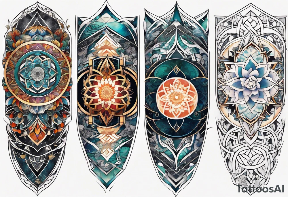 front knee tattoo with sacred geometry, swirls & washes, background tattoo idea