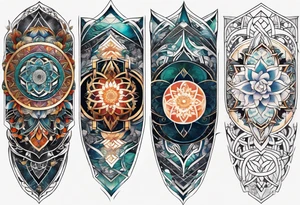 front knee tattoo with sacred geometry, swirls & washes, background tattoo idea