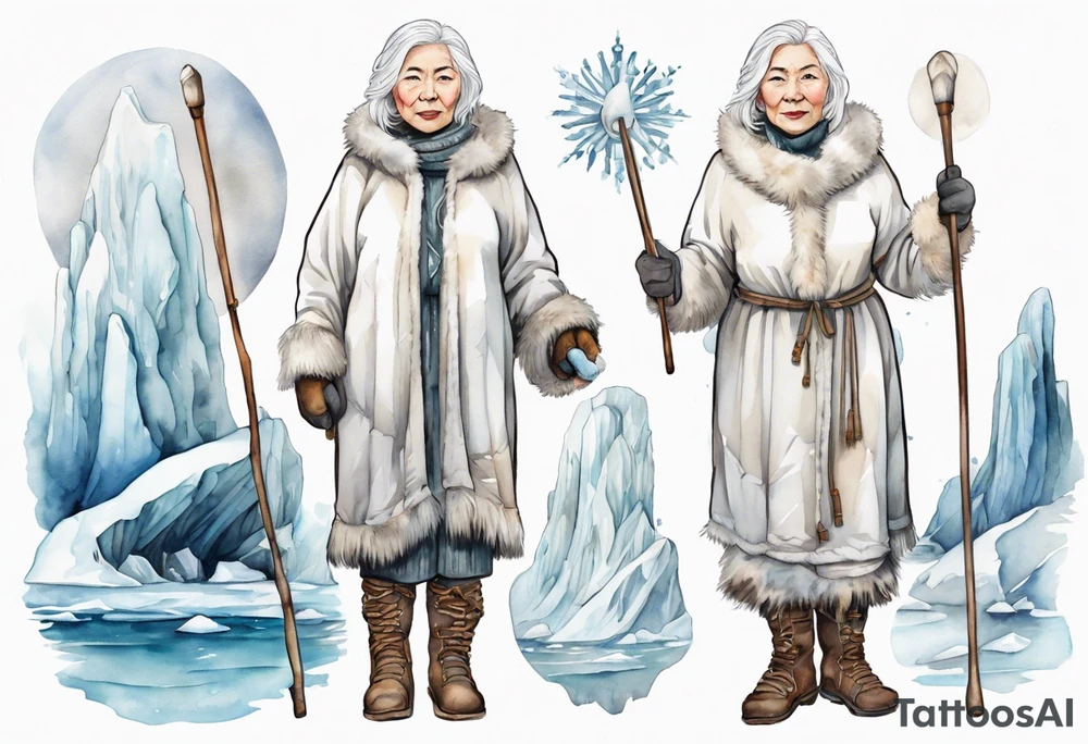 a middle aged Inuit woman with white hair, wearing mittens, wearing a white cloak, holding a white staff, wearing mukluks, standing on an iceberg in the sea tattoo idea