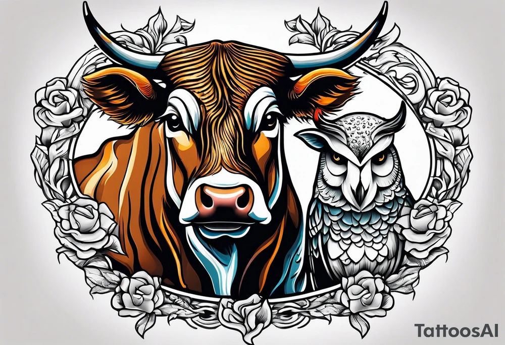 a cow and an owl standing next to each other with sheets over their heads tattoo idea
