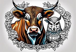 a cow and an owl standing next to each other with sheets over their heads tattoo idea