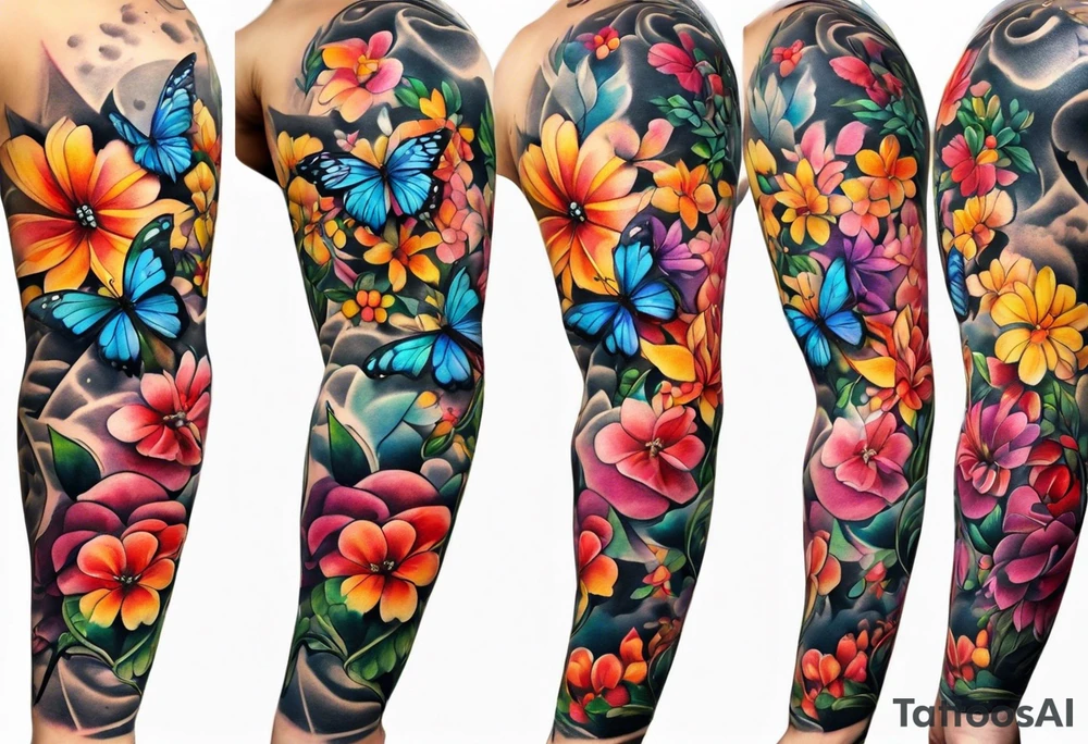 Arm sleeve with rainbow flowers and butterflies tattoo idea