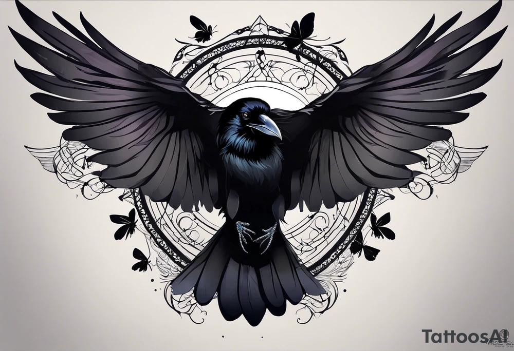 A raven and a butterfly flying together. 
The butterfly and the raven are the same size
In the background is the name Malia.
In the background is the name SKF.
The number 89 can be seen in the background.
There is also a scorpion in the wing of the butterfly. tattoo idea