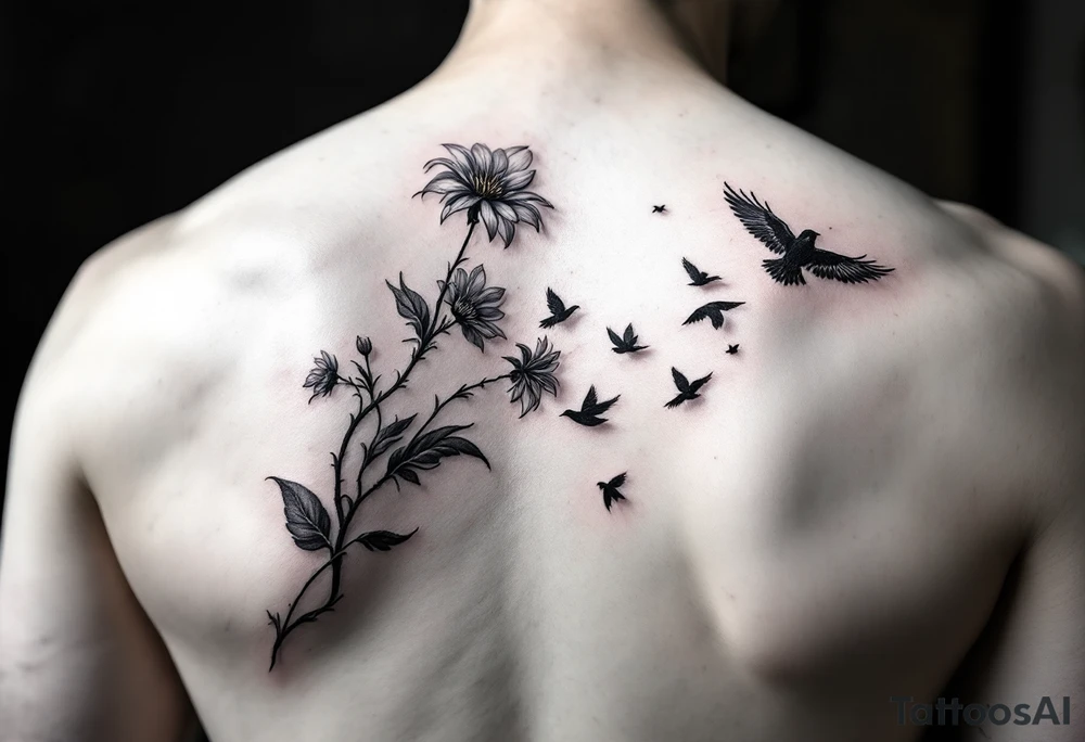 A wood violet blowing in the wind with pedals floating away turning into birds tattoo idea